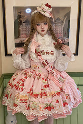 Robe JSK Lolita douce à nœud papillon à volants à taille naturelle imprimé dessert à la fraise menthe 4 couleurs